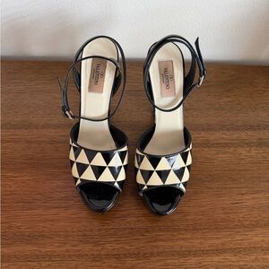 Valentino Black and Cream Geometric Ankle-Strap Heels